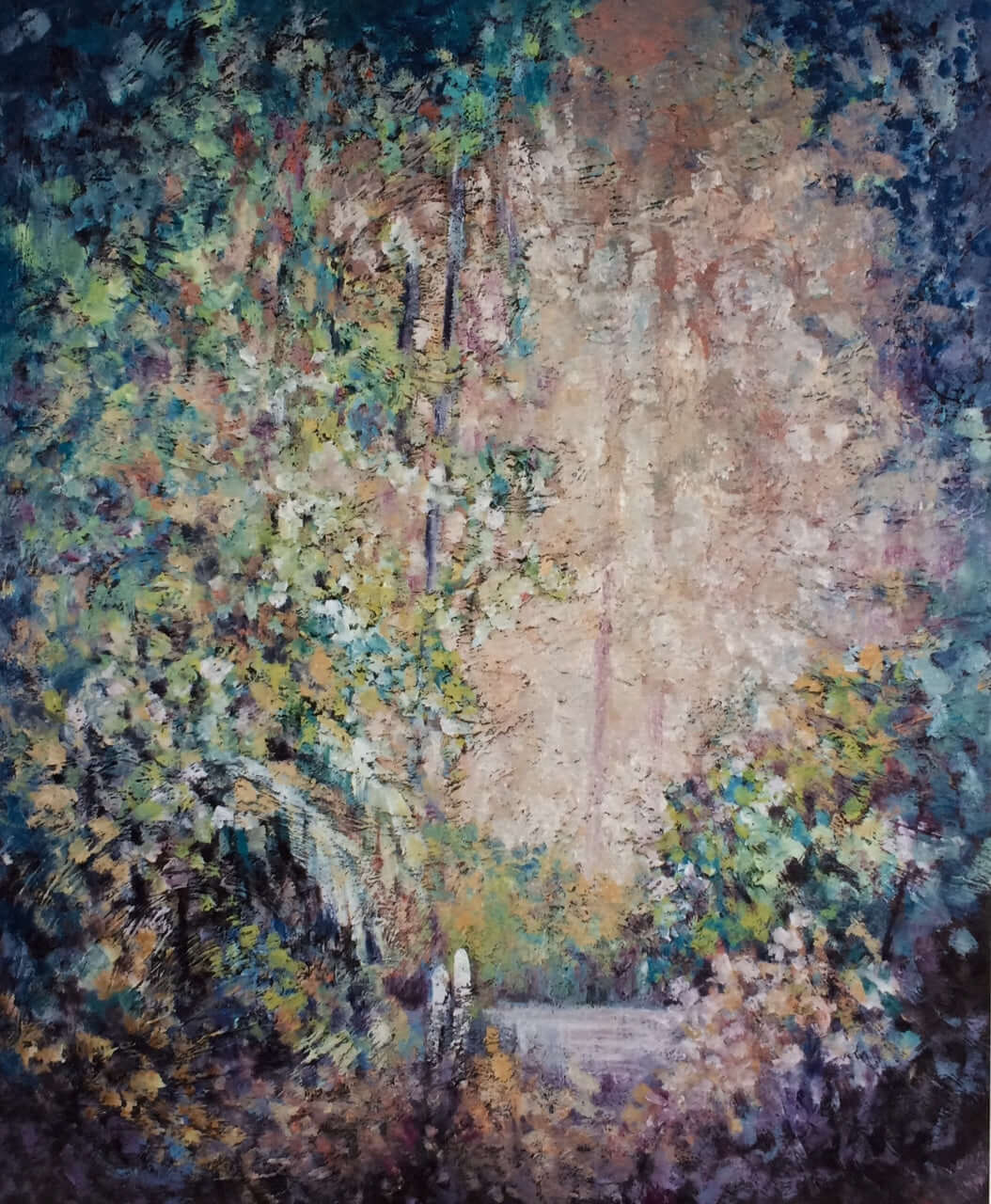 Original oil painting of forest walk scene in thick oil paints in pastel colors