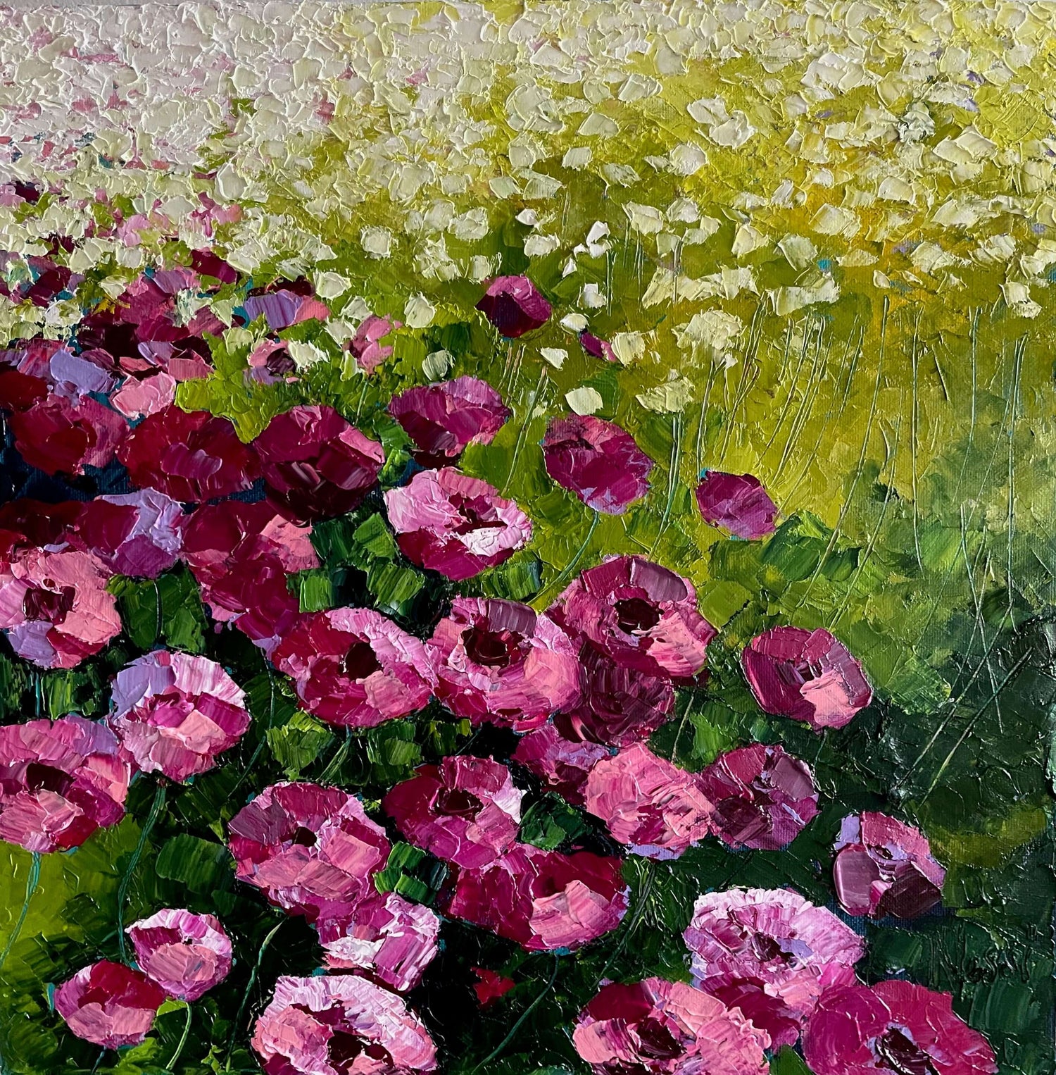 Original oil painting of pink flowers on canvas