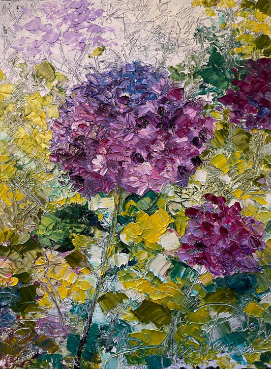 Original oil painting of Hydrangeas in thick oil paints on canvas