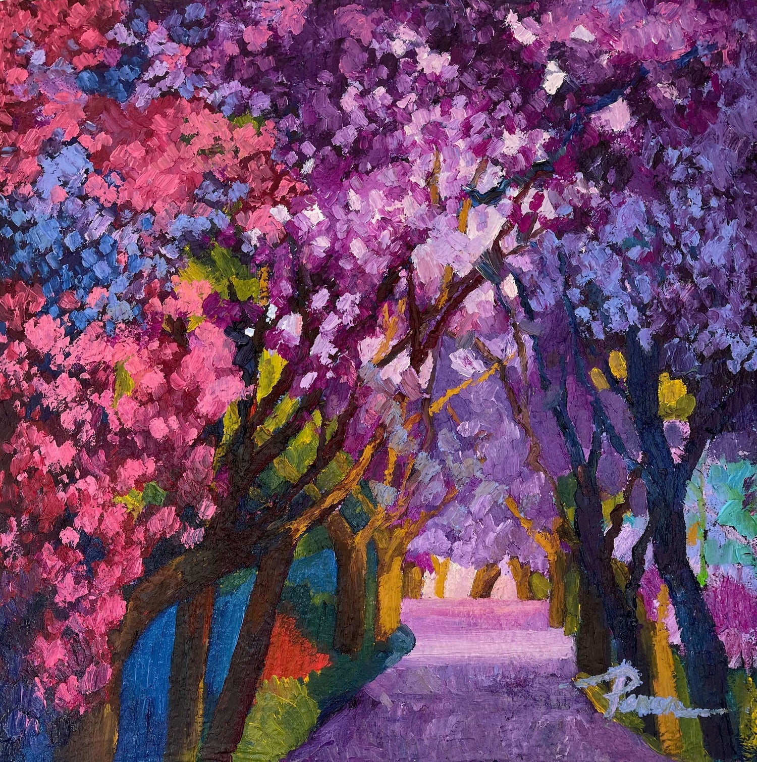 Original oil painting of Jacaranda Trees on canvas in thick oil paint in pink and purple colors