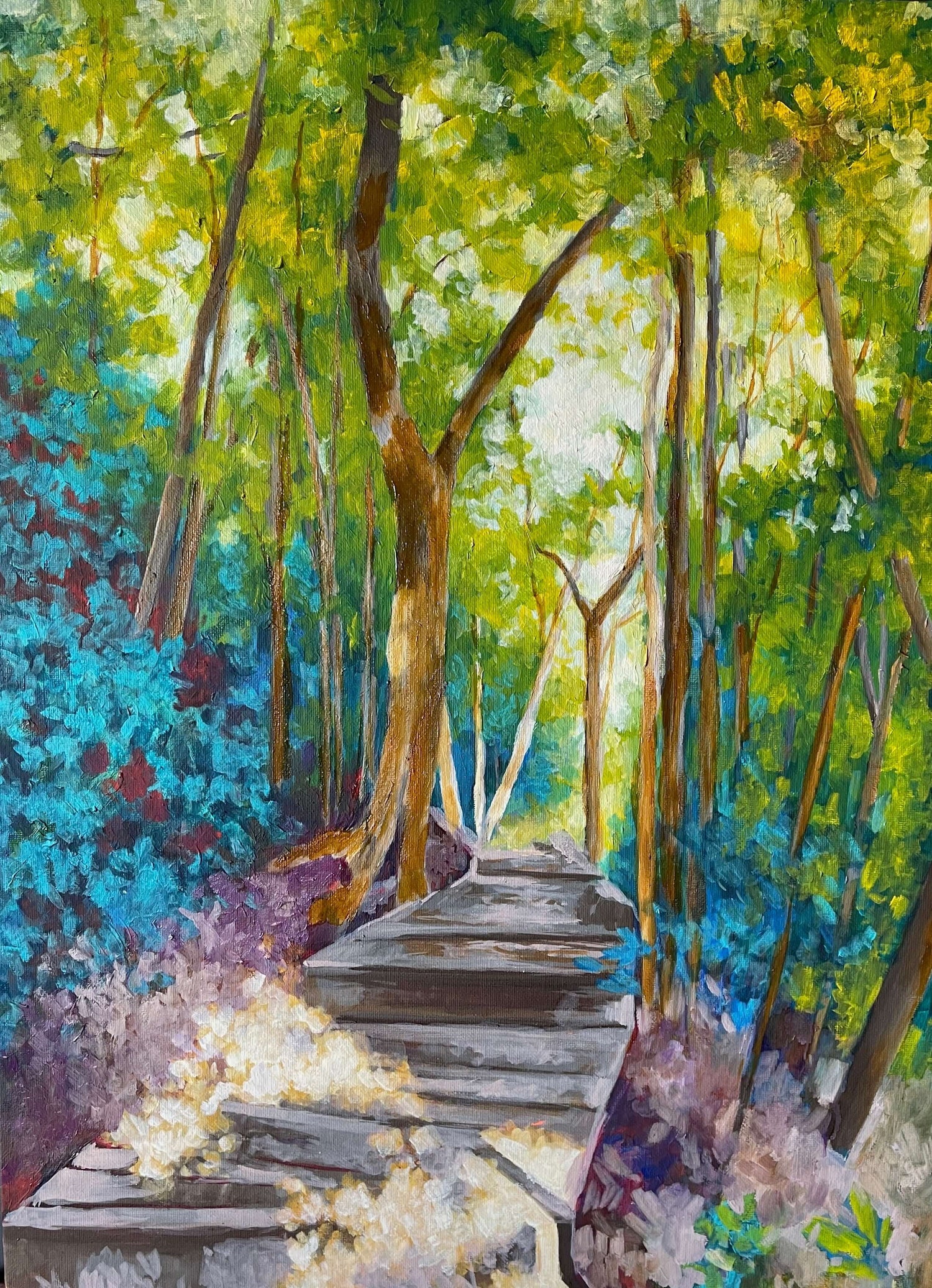 Original oil painting of forest walk in greens and blue tones