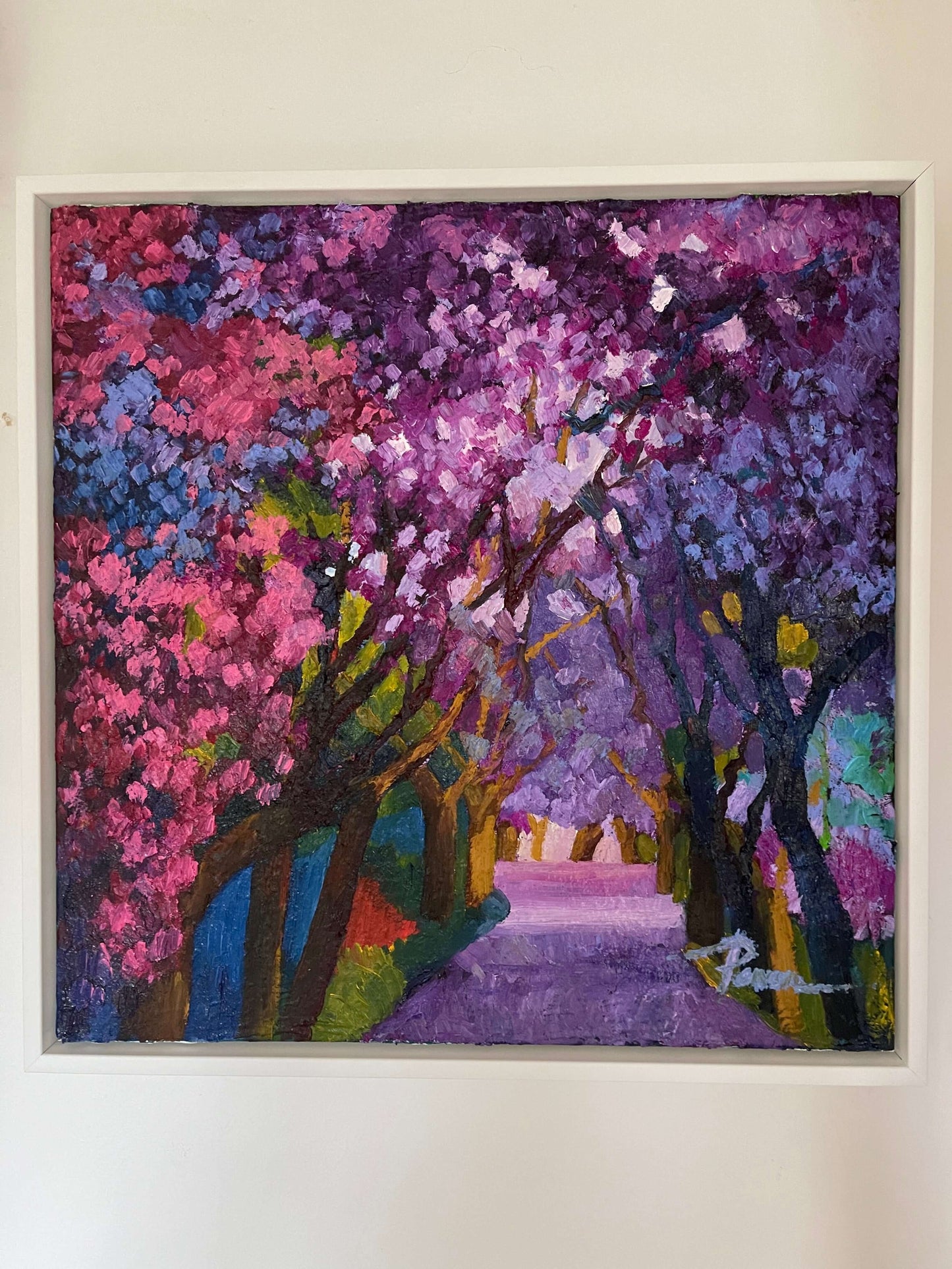 Original oil painting of Jacaranda Trees on canvas in thick oil paint in pink and purple colors