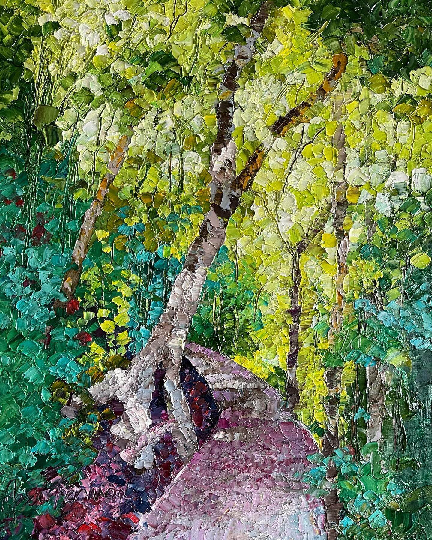 Original oil painting of forest walk in greens and blue tones