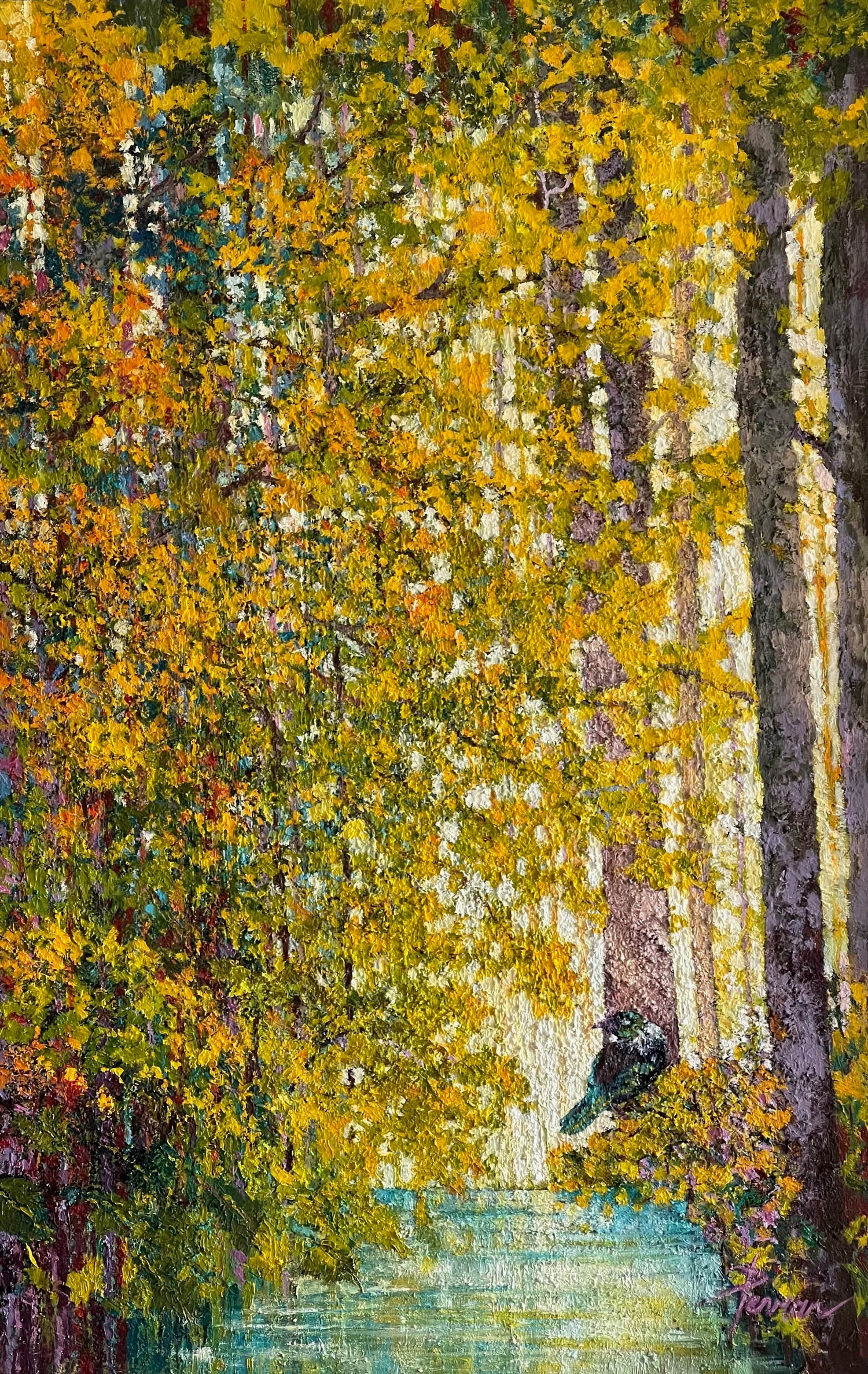 Original oil painting of forest walk in yellow tones with tui bird