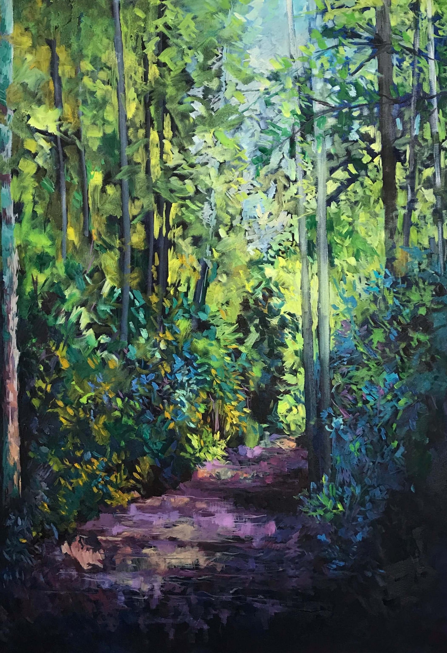 Original oil painting of forest pathway in green fresh colors